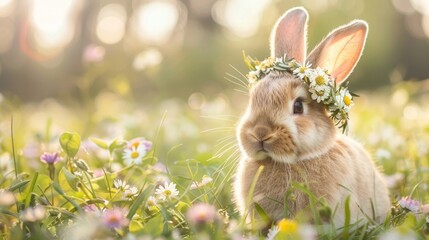 Naklejka premium Cute rabbit in flower field
