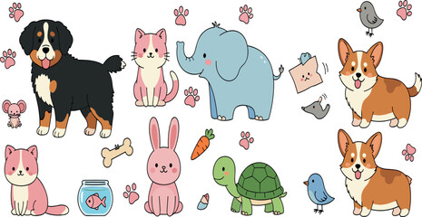 Fototapeta premium Cute Cartoon Pets and Animals Vector Set with Dog, Cat, Elephant, Rabbit, Turtle and Birds for Kids Nursery Design