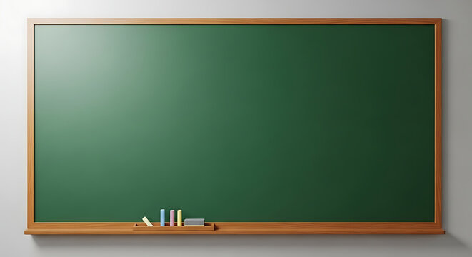 Empty green chalkboard with wooden frame and chalk pieces for education and presentation