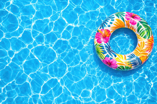 Salvagente gonfiabile con fiori tropicali che galleggia in acqua. Generative AI 