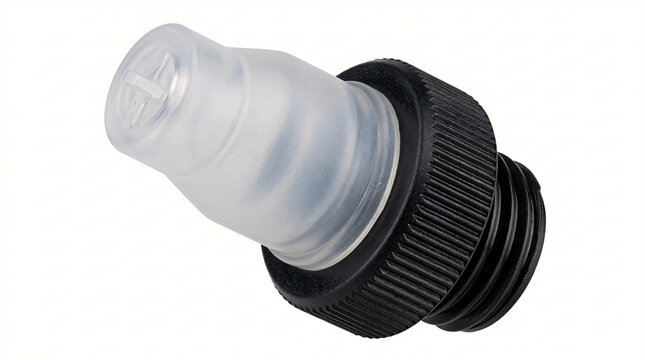 A 45-degree angle macro photograph of a medical-grade silicone bite valve for a hydration soft flask. The nozzle is made of translucent, matte flexible silicone with a crossed cut opening at the tip. 