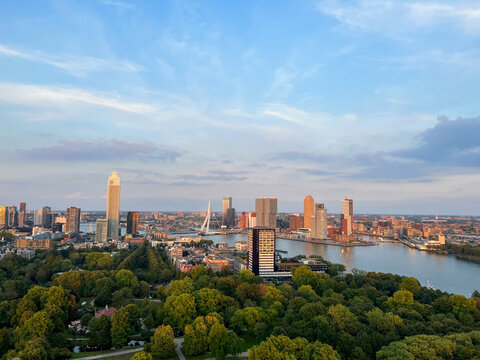 Aerial view of Rotterdam skyline featuring modern skyscrapers, the Erasmus Bridge, and lush green parks along the riverbank under a clear blue sky during sunset