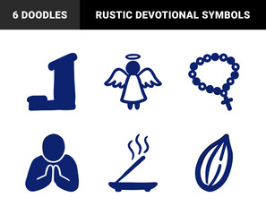 Naklejka premium Hand-drawn religious and spiritual elements in a naive marker sketch style. Rustic blue devotional symbols for traditional cultural branding and stationery.