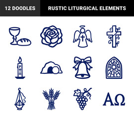 Naklejka premium Hand-drawn Christian liturgical symbols and religious elements for church branding. Rustic, naive marker sketch illustrations of Easter and Catholic motifs.