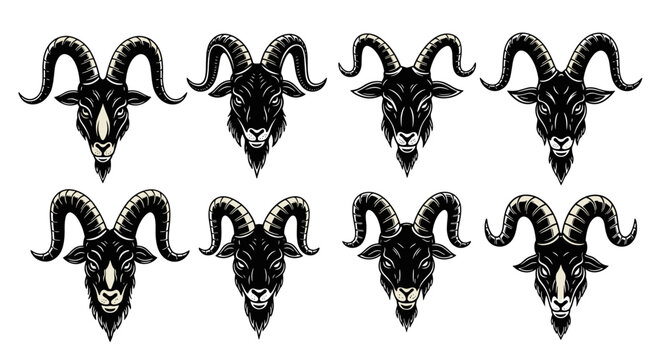 Collection of Eight Detailed Goat Head Illustrations.