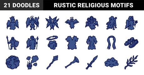 Naklejka premium Hand-drawn biblical and angelic symbols for religious storytelling. Rustic blue marker sketch illustrations featuring seraphim and sacred motifs.