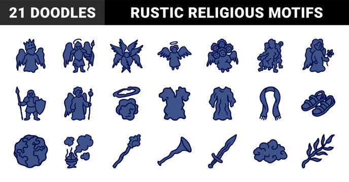 Hand-drawn biblical and angelic symbols for religious storytelling. Rustic blue marker sketch illustrations featuring seraphim and sacred motifs.