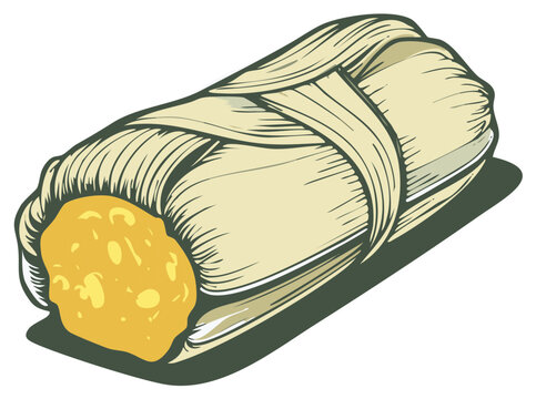 Illustration of a traditional savory tamale food item, wrapped in corn husk, isolated on white