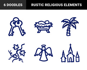 Naklejka premium Hand-drawn religious and spiritual symbols in a naive marker sketch style. Rustic blue line art featuring a nativity manger, palm tree, keys, vine, angel, and church.