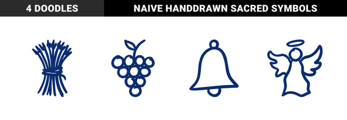 Naklejka premium Hand-drawn rustic spiritual and harvest elements for organic branding. Naive blue marker sketch illustrations featuring angel, bell, grapes, and wheat.