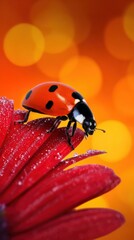 Fototapeta premium A vibrant ladybug rests on a bright red flower petal against a warm, bokeh background
