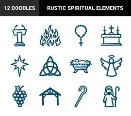 Naklejka premium Hand-drawn Christian religious elements in a rustic doodle style. Naive marker sketch illustrations featuring church altar, nativity, and spiritual symbols.