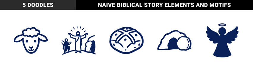 Naklejka premium Hand-drawn Christian religious symbols and Easter story elements. Rustic naive marker sketch illustrations featuring sheep, bread, angel, and resurrection motifs.