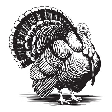 Detailed illustration of a proud turkey displaying its feathers silhouette