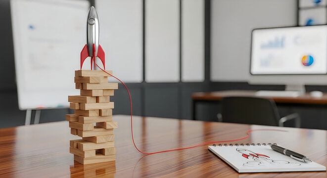 A rocket toy sits on a precarious stack of wooden blocks on a desk in an office with a notebook and pen.