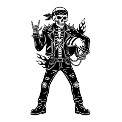 Obraz premium Biker Skeleton Rocker with Helmet and Flames.