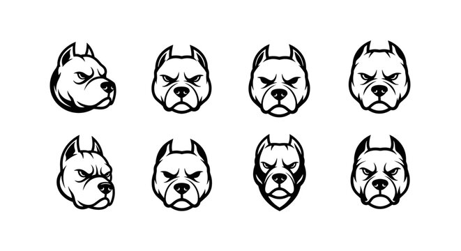 Set of Fierce Pitbull Dog Head Illustrations.