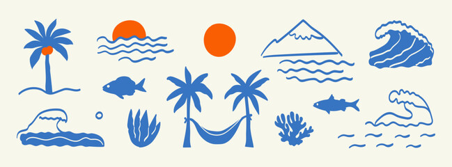 Naklejka premium Hand-drawn doodle boho summer set.Naive coastal elements: sun, sea, waves, palm tree, fish, mountain, corals for icon, collage.Retro tropical summer beach label, surf prints, or vignetting. Vector art