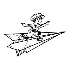 Fototapeta premium Boy Riding a Paper Airplane with Joyful Expression.