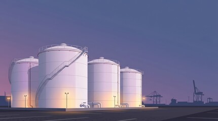 Obraz premium Maritime Tank Farm White Oil Storage Silos At Twilight With Industrial Stairs And Harbor Cranes In Distance Modern Petrochemical Storage Facility And Port Infrastructure