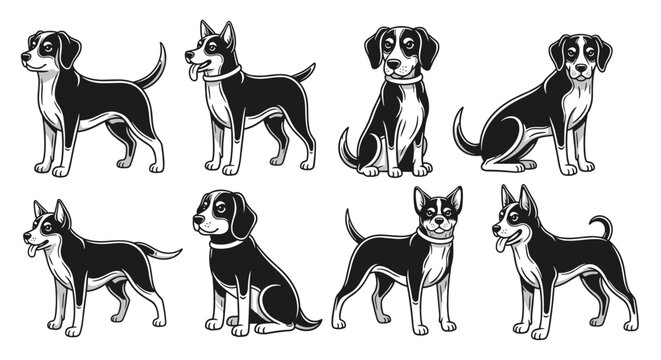 Collection of Diverse Dog Breeds in Various Poses.
