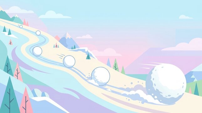 Mountain Snowball Flow White Snowballs Of Various Sizes Rolling Down Snowy Mountain Slope In Stylized Winter Landscape Illustrating Motion Gravity And Playful Winter Scene