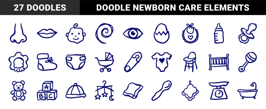 Hand-drawn baby care and newborn essentials in a naive doodle style. Rustic indigo marker sketch illustrations for nursery branding and parenting blogs.