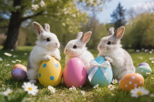 Cute bunnies celebrate spring with colorful eggs in a sunny meadow