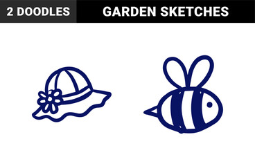 Fototapeta premium Hand-drawn honey bee and sun hat summer elements for organic branding. Naive marker sketch illustrations featuring nature and garden concepts.