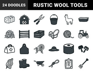 Fototapeta premium Hand-drawn alpaca farming and wool production elements with rustic charm. Naive marker sketch illustrations of livestock care and spinning tools.