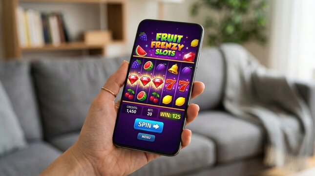 Smartphone displaying Fruit Frenzy Slots game with colorful fruit symbols and a spin button, held in hand against a cozy living room background with a sofa and bookshelf