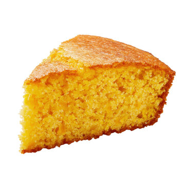 Slice of yellow cornbread on a plain white background showcasing a simple food item in focus on transparent background