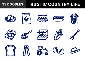 Fototapeta premium Hand-drawn rustic farm and breakfast elements for organic branding. Naive marker sketch illustrations featuring poultry farming and country life concepts.