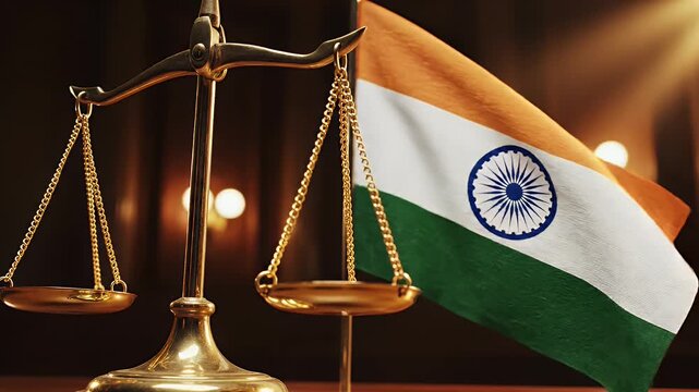 Scales of Justice with Indian Flag - A balanced golden scales of justice stands prominently in front of a softly unfurled Indian flag.