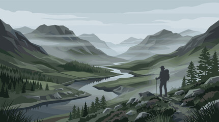 Fototapeta premium A hiker silhouette with backpack and stick views a winding river through a misty valley of green mountains, creating a sense of adventure and solitude.