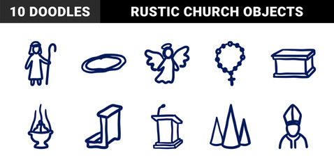 Naklejka premium Christian and Catholic church elements for religious identity. Naive marker sketch illustrations featuring angel, rosary, and priest concepts.