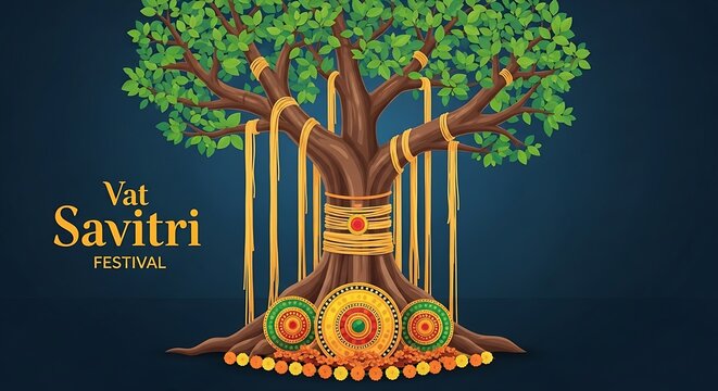 Vat Savitri Festival Illustration of Sacred Banyan Tree and Threads