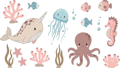 Cute Ocean Animals Vector Set with Narwhal, Jellyfish, Octopus, Seahorse, Fish and Coral Cartoon Marine Life Illustration © Shareful