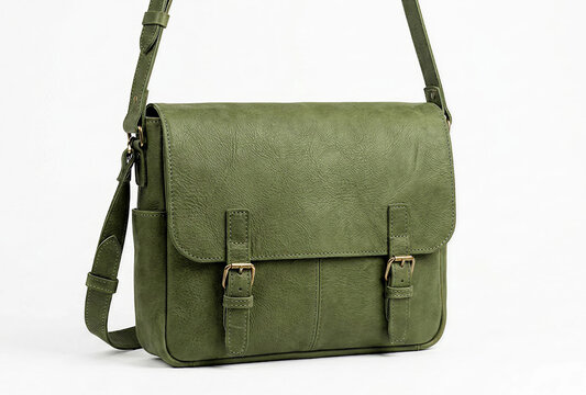 Stylish Olive Green Leather Messenger Bag with Brass Buckles and Adjustable Shoulder Strap on White Background