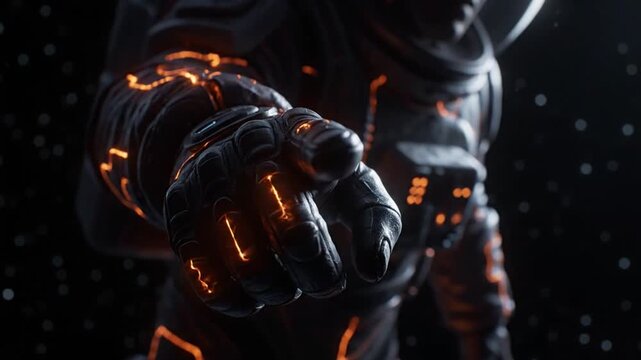 Close-up of a futuristic armored gauntlet with glowing orange accents in a dark space setting.