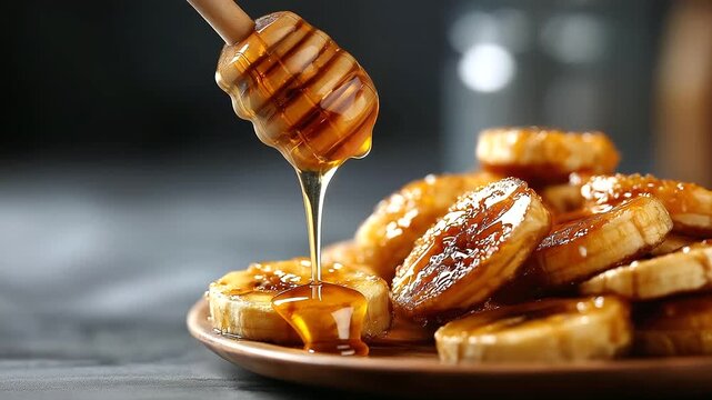 Side view of banana slices being drizzled with honey, droplets frozen in mid-air, food photography and healthy eating, dessert visuals and culinary styling, defocused honey