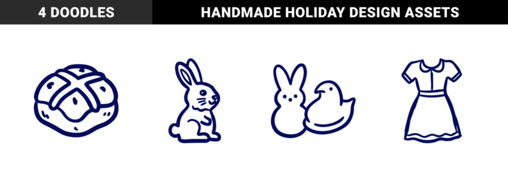 Easter holiday traditions and spring seasonal elements for organic branding. Rustic hand-drawn naive doodle sketches featuring bunny, hot cross bun, marshmallow peeps, and girls dress.