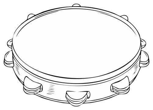 Vector Outline Drawing of a Classic Tambourine Musical Instrument with Jingles