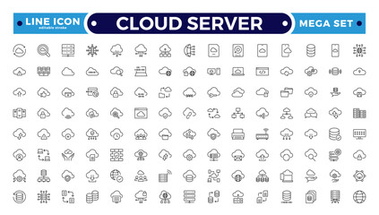 Set of Cloud server line icons related to cloud computing, cloud services, server, cyber security, digital transformation. Outline icon collection. Editable stroke outline icon.
