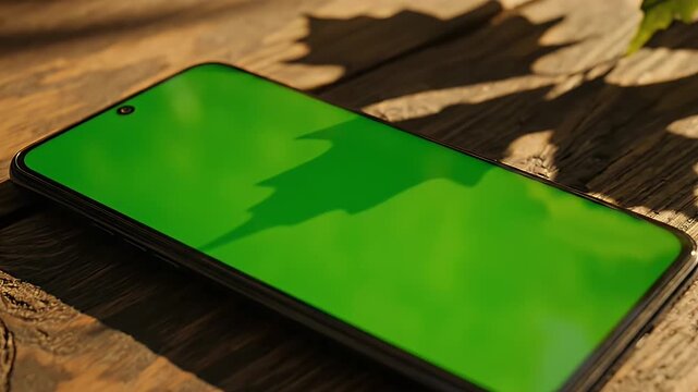 Smartphone with Green Screen Display on Wood - A modern smartphone with a green screen display rests on a rustic wooden surface.