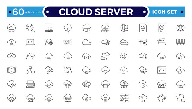 Set of Cloud server line icons related to cloud computing, cloud services, server, cyber security, digital transformation. Outline icon collection. Editable stroke outline icon.
