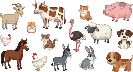 Obraz premium Farm Animals Vector Set with Cow, Goat, Pig, Sheep, Horse, Donkey, Rabbit, Dog and Chicken Cartoon Illustration