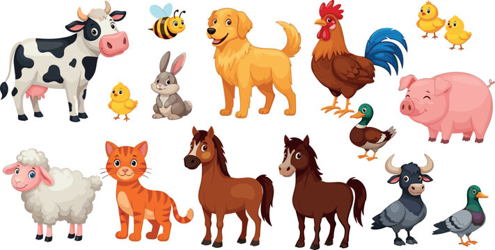 Farm Animals Vector Set with Cow, Pig, Horse, Sheep, Chicken, Duck, Dog, Cat, Bee and Rabbit Cartoon Illustration