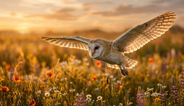Barn Owl Flying Low Over Wildflower Meadow at Golden Hour Sunset with Wings Spread