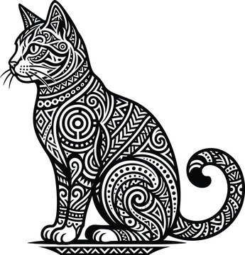 Intricate zentangle tribal cat illustration with ornamental patterns, decorative feline line art vector isolated on white background